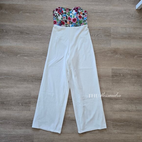 Remarkable Energy White Floral Embroidered Strapless Jumpsuit M New With Tags - Picture 1 of 17